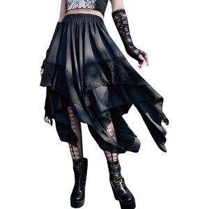 Women Black Y2k Contrast Lace Asymmetrical Whimsical Clothes Gothic Midi Skirts